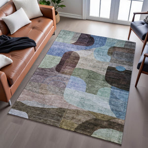 HomeRoots 5' X 8' Washable Abstract Geometric Area Rug in Brown Blue Green - UV Protected & Easy Care Design 684752