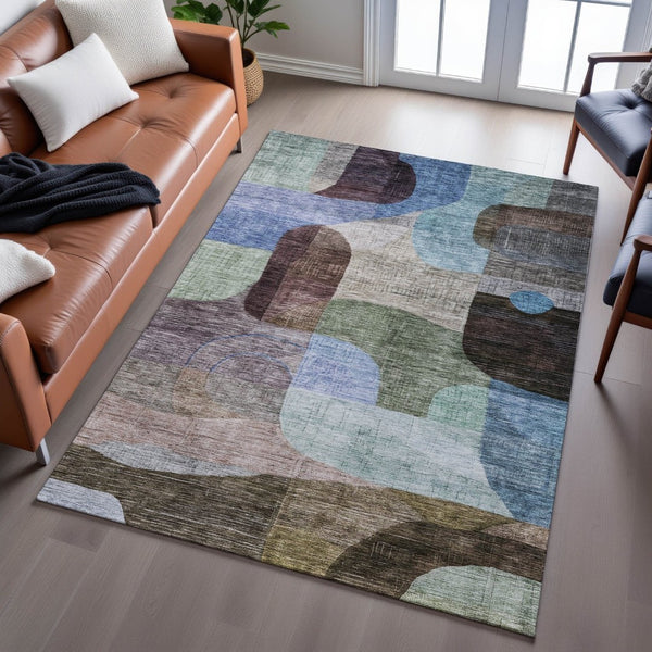 HomeRoots 5' X 8' Washable Abstract Geometric Area Rug in Brown Blue Green - UV Protected & Easy Care Design 684752