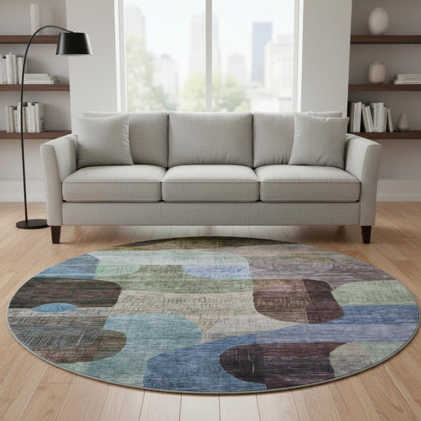 HomeRoots 8' Washable Round Rug with Abstract Geometric Design in Brown, Blue & Green - UV & Stain Resistant! 684753