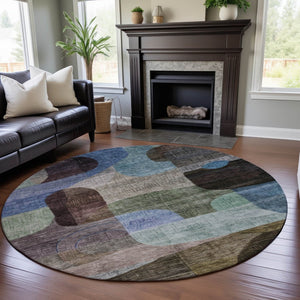 HomeRoots 8' Washable Round Rug with Abstract Geometric Design in Brown, Blue & Green - UV & Stain Resistant! 684753
