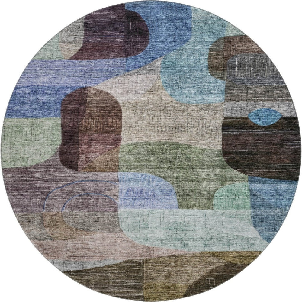 HomeRoots 8' Washable Round Rug with Abstract Geometric Design in Brown, Blue & Green - UV & Stain Resistant! 684753