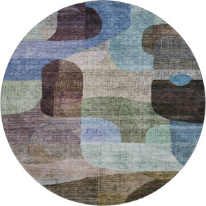 HomeRoots 8' Washable Round Rug with Abstract Geometric Design in Brown, Blue & Green - UV & Stain Resistant! 684753