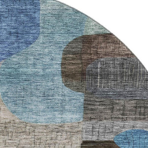 HomeRoots 8' Washable Round Rug with Abstract Geometric Design in Brown, Blue & Green - UV & Stain Resistant! 684753
