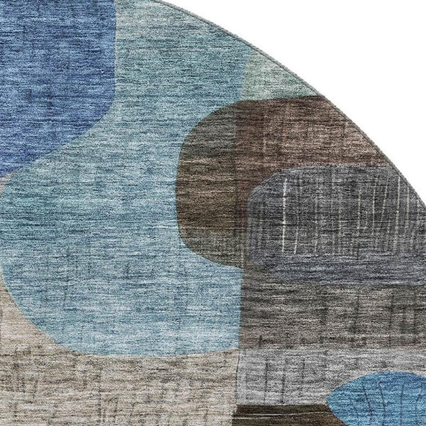 HomeRoots 8' Washable Round Rug with Abstract Geometric Design in Brown, Blue & Green - UV & Stain Resistant! 684753