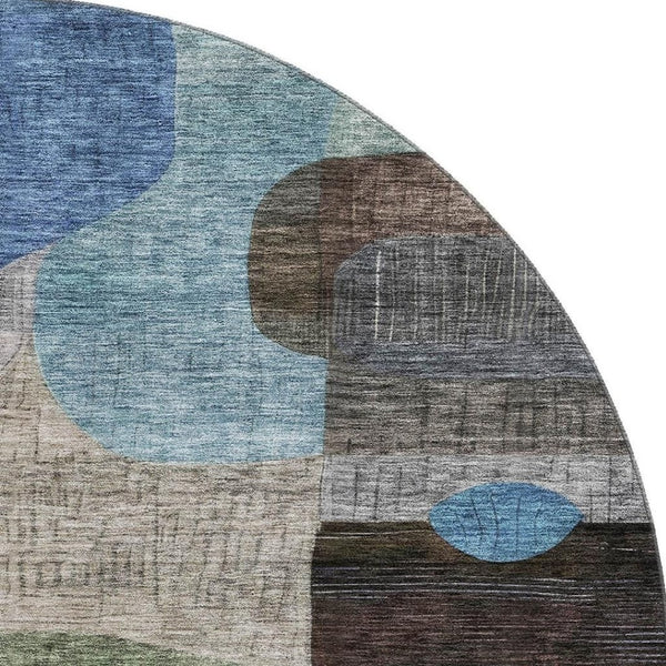 HomeRoots 8' Washable Round Rug with Abstract Geometric Design in Brown, Blue & Green - UV & Stain Resistant! 684753