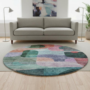 HomeRoots 8' Vibrant Abstract Geometric Round Rug – Washable with UV Protection for Busy Homes & Sunlit Spaces 684759