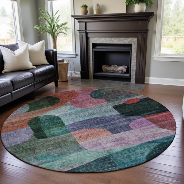 HomeRoots 8' Vibrant Abstract Geometric Round Rug – Washable with UV Protection for Busy Homes & Sunlit Spaces 684759