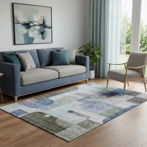 HomeRoots 5' X 8' Washable Blue Gray Green Geometric Area Rug with UV Protection for Family & Playrooms 684764