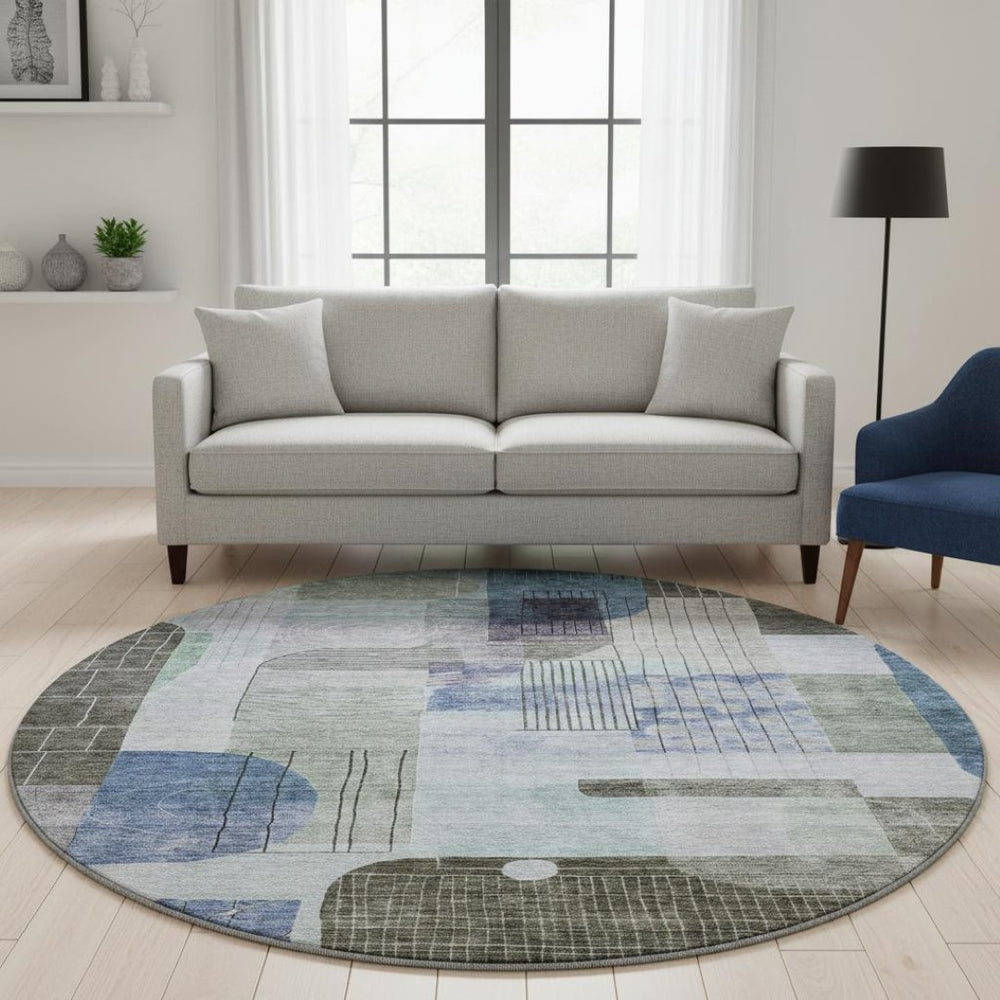 HomeRoots 8' Contemporary Blue Gray and Green Abstract Round Washable Rug with UV Protection for Homes 684765
