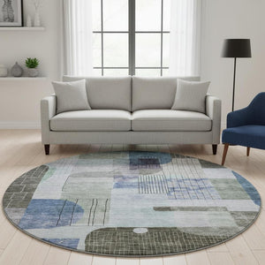 HomeRoots 8' Contemporary Blue Gray and Green Abstract Round Washable Rug with UV Protection for Homes 684765