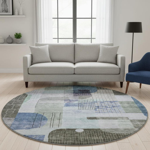 HomeRoots 8' Contemporary Blue Gray and Green Abstract Round Washable Rug with UV Protection for Homes 684765