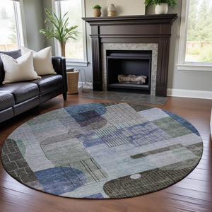 HomeRoots 8' Contemporary Blue Gray and Green Abstract Round Washable Rug with UV Protection for Homes 684765