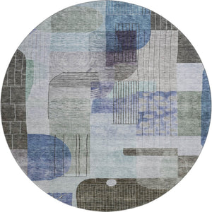 HomeRoots 8' Contemporary Blue Gray and Green Abstract Round Washable Rug with UV Protection for Homes 684765