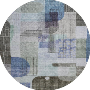 HomeRoots 8' Contemporary Blue Gray and Green Abstract Round Washable Rug with UV Protection for Homes 684765