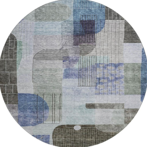 HomeRoots 8' Contemporary Blue Gray and Green Abstract Round Washable Rug with UV Protection for Homes 684765