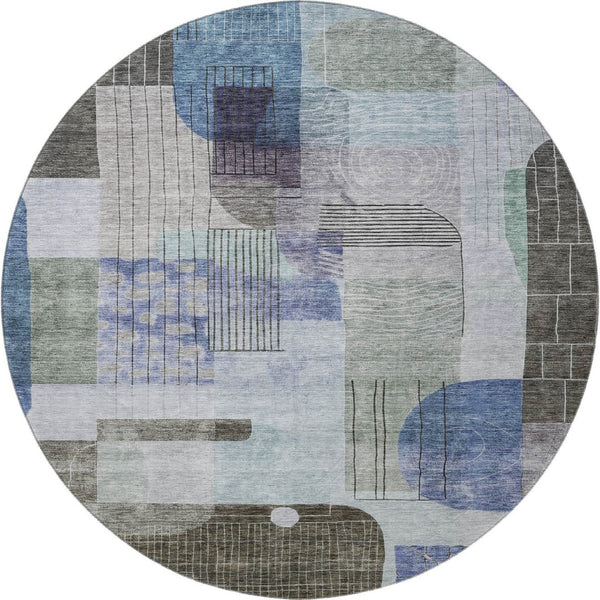HomeRoots 8' Contemporary Blue Gray and Green Abstract Round Washable Rug with UV Protection for Homes 684765