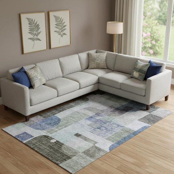 HomeRoots 9' X 12' Abstract Geometric Area Rug in Blue-Green – Washable, Stain-Resistant, UV Protected Design 684767