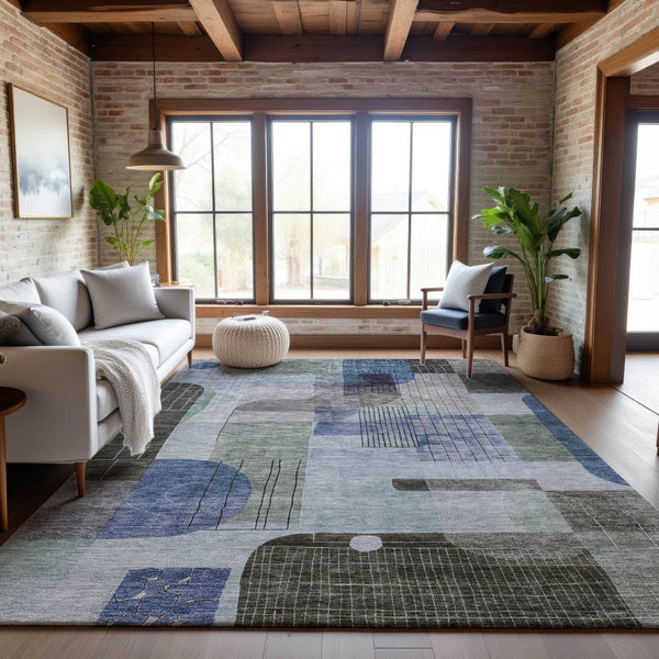 HomeRoots 9' X 12' Abstract Geometric Area Rug in Blue-Green – Washable, Stain-Resistant, UV Protected Design 684767
