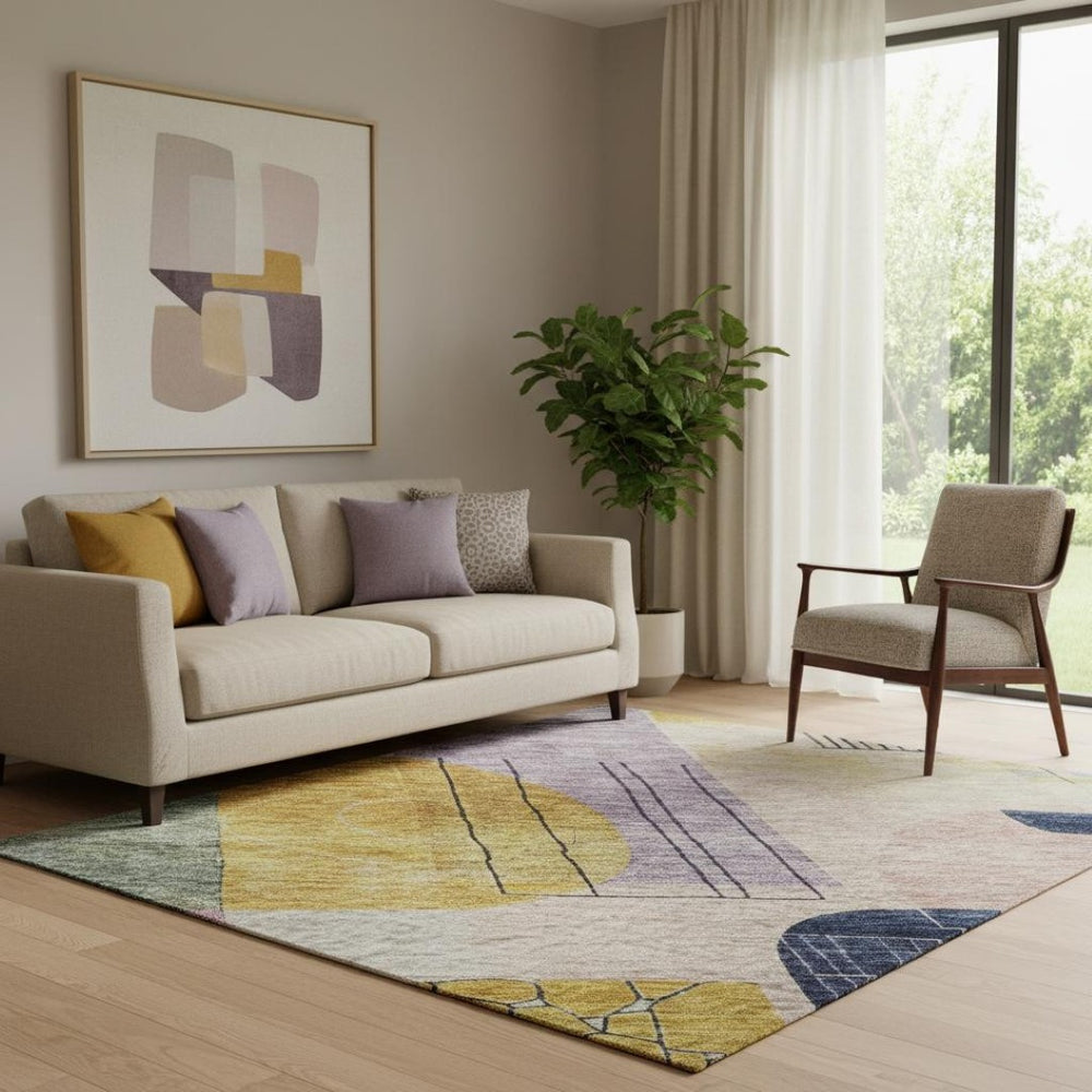 HomeRoots 5' X 8' Geometric Washable Area Rug in Plum, Gold & Navy - UV-Protected, Stain-Resistant Design 684770