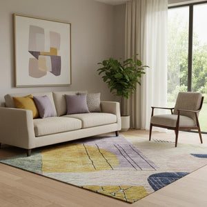 HomeRoots 5' X 8' Geometric Washable Area Rug in Plum, Gold & Navy - UV-Protected, Stain-Resistant Design 684770