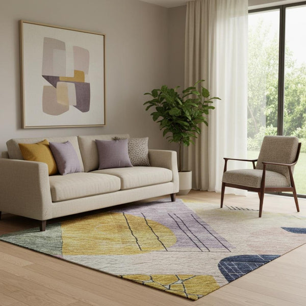 HomeRoots 5' X 8' Geometric Washable Area Rug in Plum, Gold & Navy - UV-Protected, Stain-Resistant Design 684770