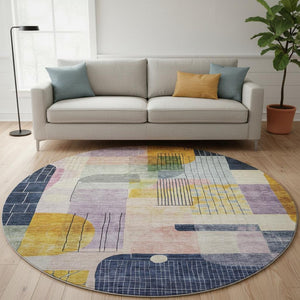 HomeRoots 8' Elegant Plum Gold Navy Blue Abstract Geometric Washable Round Rug with UV Protection & Durability 684771