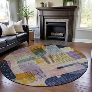 HomeRoots 8' Elegant Plum Gold Navy Blue Abstract Geometric Washable Round Rug with UV Protection & Durability 684771