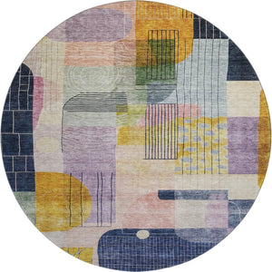 HomeRoots 8' Elegant Plum Gold Navy Blue Abstract Geometric Washable Round Rug with UV Protection & Durability 684771