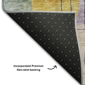 HomeRoots 8' Elegant Plum Gold Navy Blue Abstract Geometric Washable Round Rug with UV Protection & Durability 684771