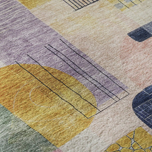 HomeRoots 8' Elegant Plum Gold Navy Blue Abstract Geometric Washable Round Rug with UV Protection & Durability 684771