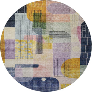 HomeRoots 8' Elegant Plum Gold Navy Blue Abstract Geometric Washable Round Rug with UV Protection & Durability 684771