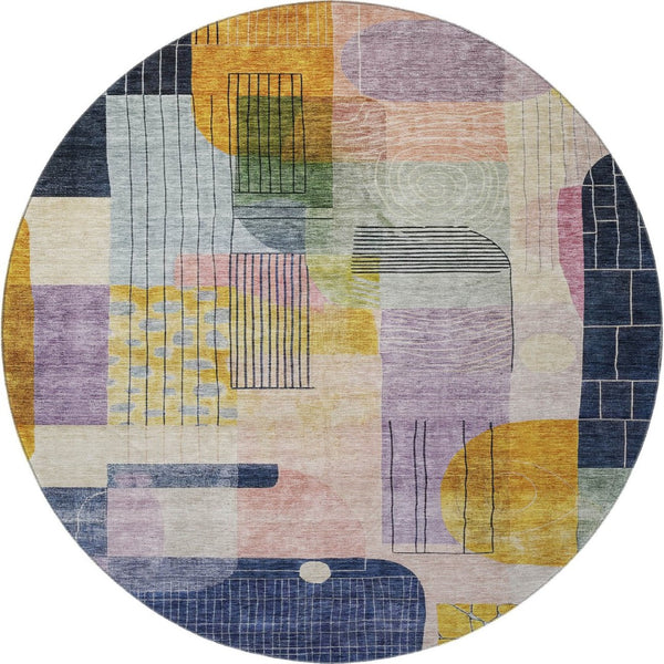 HomeRoots 8' Elegant Plum Gold Navy Blue Abstract Geometric Washable Round Rug with UV Protection & Durability 684771