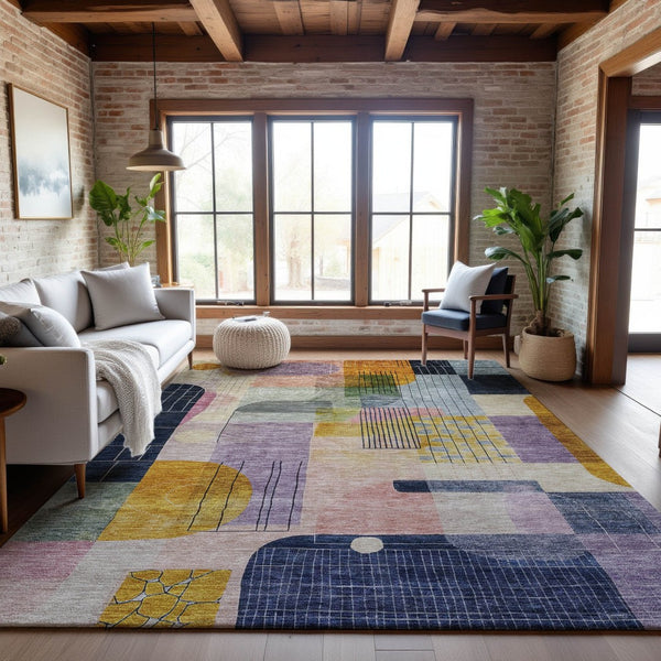 HomeRoots 8' X 10' Vibrant Plum Gold & Navy Blue Abstract Geometric Area Rug - Washable, UV Protected, Durable Decor 684772