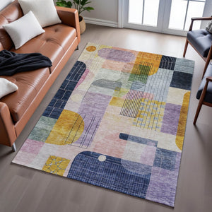 HomeRoots 8' X 10' Vibrant Plum Gold & Navy Blue Abstract Geometric Area Rug - Washable, UV Protected, Durable Decor 684772