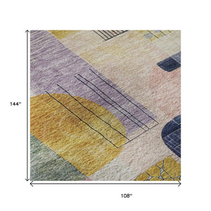 HomeRoots 9' X 12' Abstract Geometric Area Rug in Plum, Gold & Navy - Washable, UV Protected, Pet-Friendly! 684773