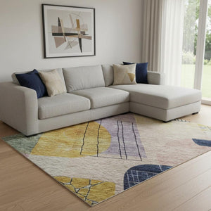 HomeRoots 10' Abstract Geometric Area Rug in Rich Plum, Gold & Navy - Washable, UV Protected, Durable Design 684774