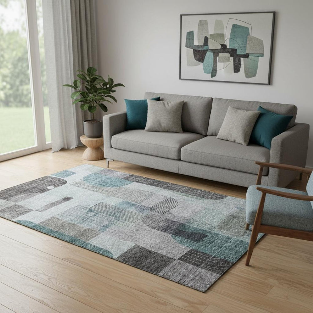 HomeRoots 5' X 8' Teal Gray Silver Geometric Washable Area Rug with UV Protection for Modern Homes & Spaces 684776