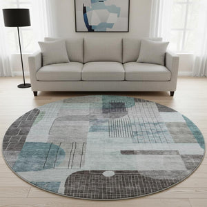 HomeRoots 8' Teal Gray & Silver Abstract Geometric Washable Round Rug – Durable, Stain Resistant & UV Protected 684777