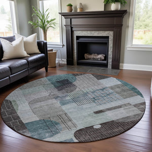 HomeRoots 8' Teal Gray & Silver Abstract Geometric Washable Round Rug – Durable, Stain Resistant & UV Protected 684777