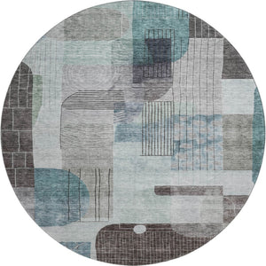 HomeRoots 8' Teal Gray & Silver Abstract Geometric Washable Round Rug – Durable, Stain Resistant & UV Protected 684777