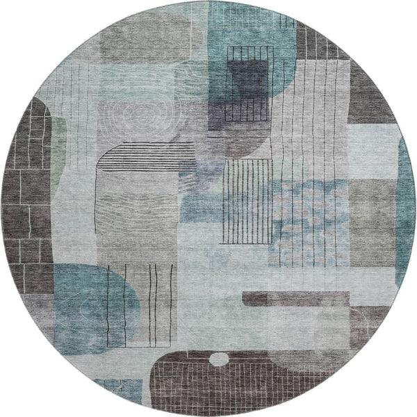 HomeRoots 8' Teal Gray & Silver Abstract Geometric Washable Round Rug – Durable, Stain Resistant & UV Protected 684777