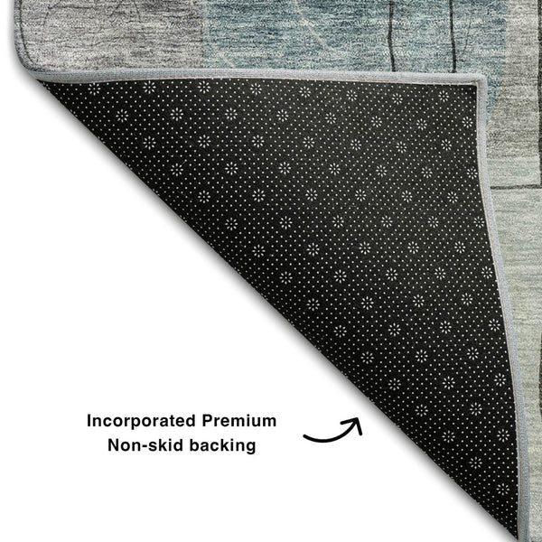 HomeRoots 8' Teal Gray & Silver Abstract Geometric Washable Round Rug – Durable, Stain Resistant & UV Protected 684777