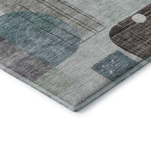 HomeRoots 8' Teal Gray & Silver Abstract Geometric Washable Round Rug – Durable, Stain Resistant & UV Protected 684777
