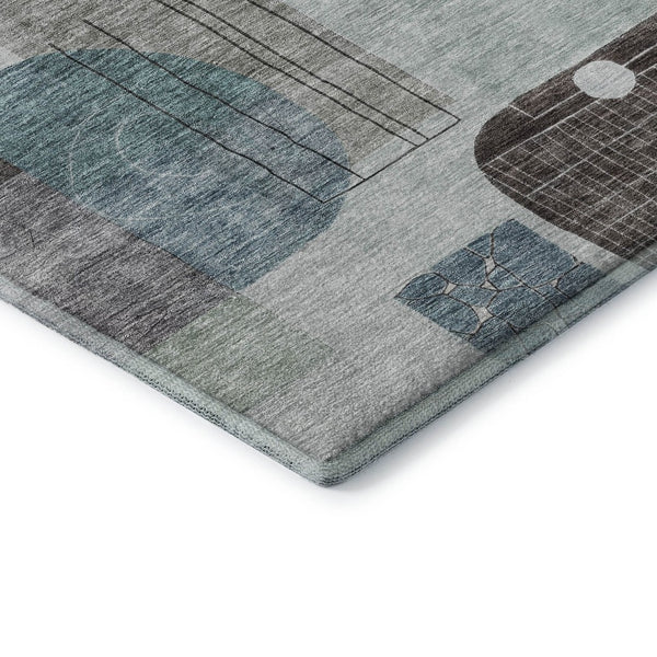 HomeRoots 8' Teal Gray & Silver Abstract Geometric Washable Round Rug – Durable, Stain Resistant & UV Protected 684777