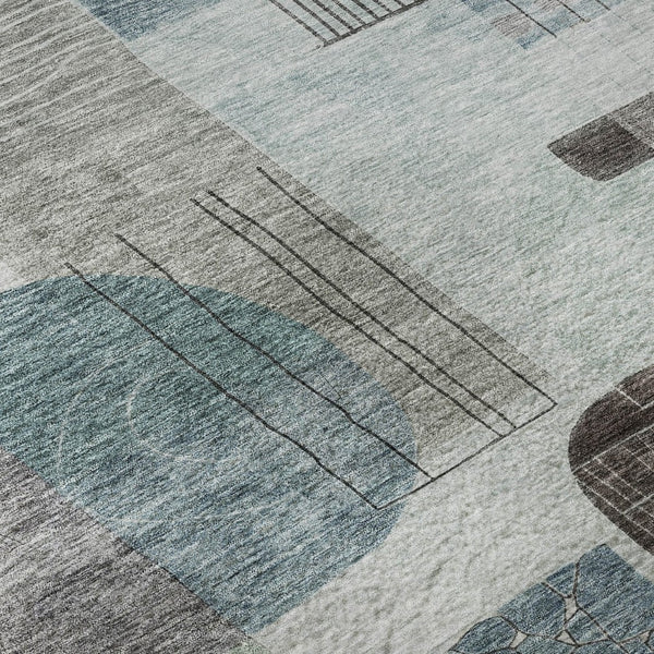 HomeRoots 8' Teal Gray & Silver Abstract Geometric Washable Round Rug – Durable, Stain Resistant & UV Protected 684777