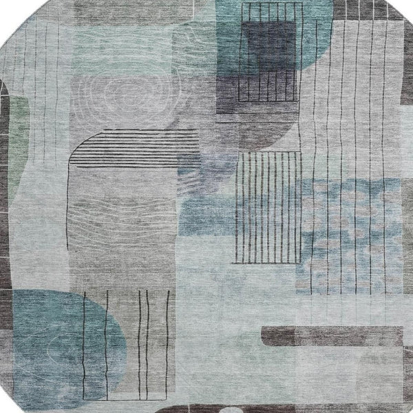 HomeRoots 8' Teal Gray & Silver Abstract Geometric Washable Round Rug – Durable, Stain Resistant & UV Protected 684777