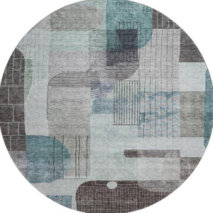 HomeRoots 8' Teal Gray & Silver Abstract Geometric Washable Round Rug – Durable, Stain Resistant & UV Protected 684777