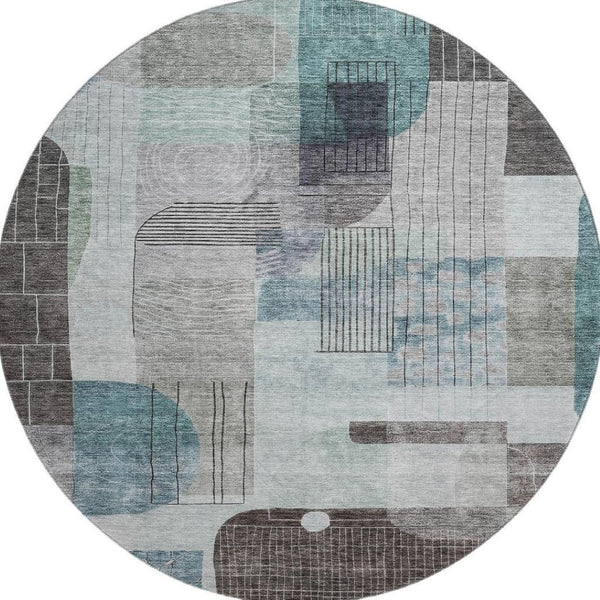 HomeRoots 8' Teal Gray & Silver Abstract Geometric Washable Round Rug – Durable, Stain Resistant & UV Protected 684777