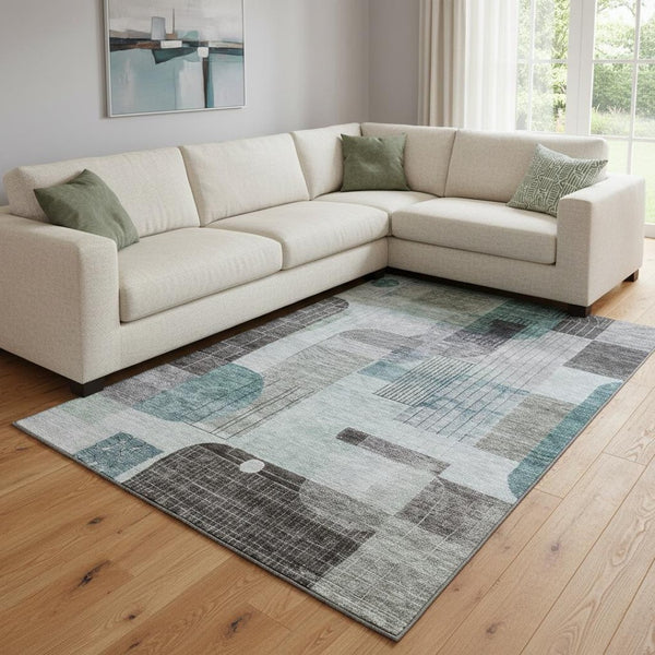 HomeRoots 8' x 10' Teal Gray & Silver Abstract Geometric Area Rug - Washable, UV Protected, Modern Design! 684778