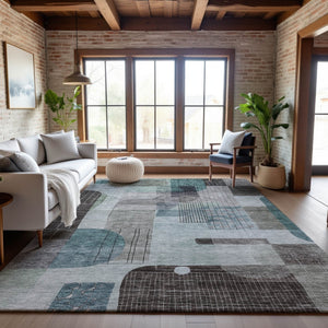 HomeRoots 8' x 10' Teal Gray & Silver Abstract Geometric Area Rug - Washable, UV Protected, Modern Design! 684778
